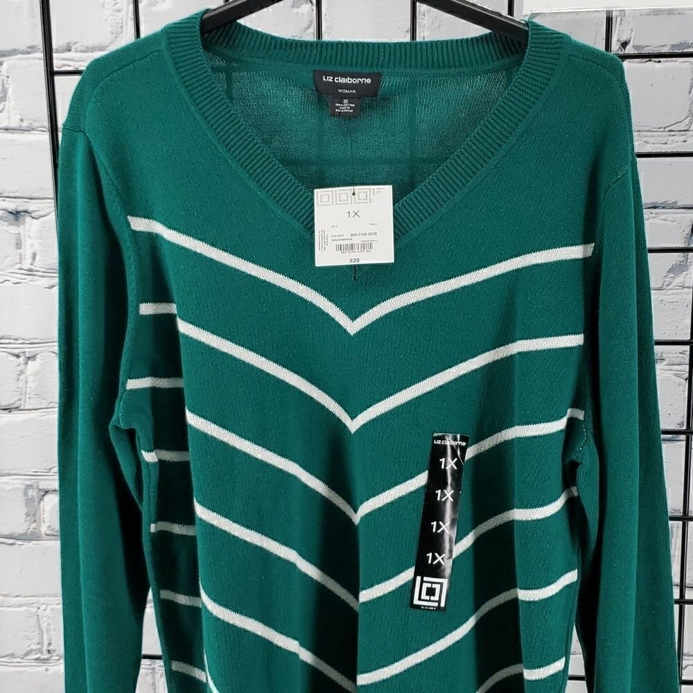 Sweater V Neck Green and White Liz Claiborne NWT - Picture 3 of 5